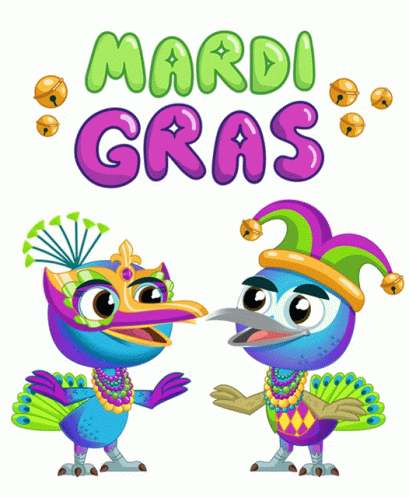 two birds in costume next to each other with words mardi gras