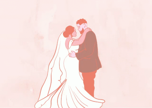 illustration with bride and groom holding each other