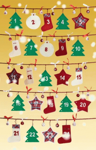 the numbers are hung on the line and have christmas tree decorations