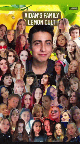 a collage of the face of a man in front of a series of heads of people