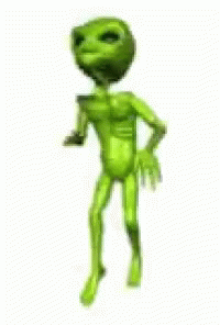 a green alien is standing in the air