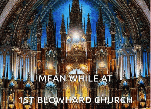 an image of a blue and white church with a text overlay