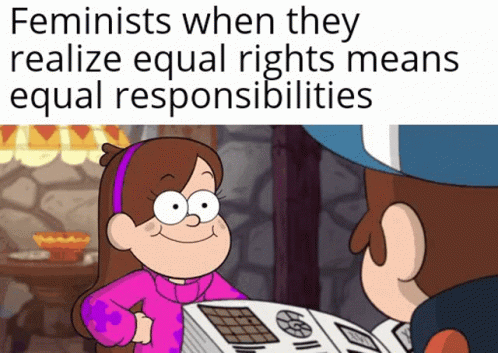 an animation woman holding a paper while a cartoon cat reads feminists when they realizing really really require equal rights