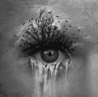 a painting of an eye with bird dropping from the upper eye