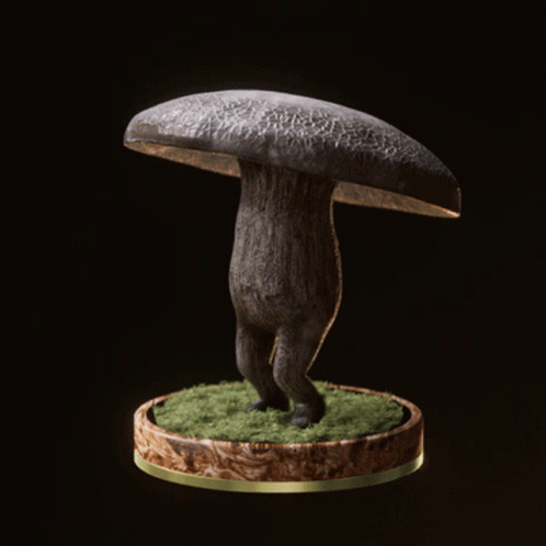 a very tall animal holding a giant mushroom