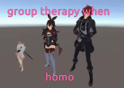 three animated figures with words over them, and an image that says group therapy when homo