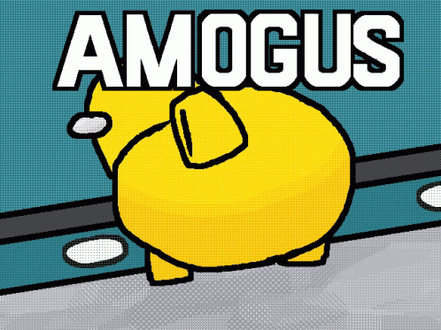 a blue pig with the words amogus on it