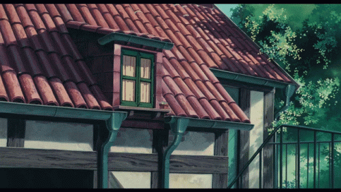a painting of two story houses with blue roofs
