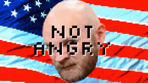 a bald head and american flag with the words not angry on it