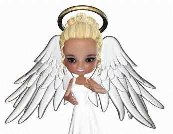 a little blue angel doll is posed in front of an angel - like object