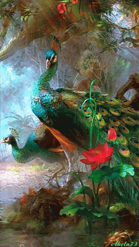this is a digital painting of a peacock and another bird in the background