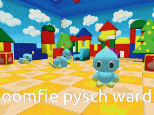 a video game with an avatar and a large background with the words, pomife psych ward