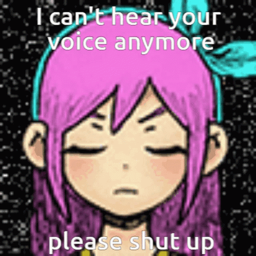 a cartoon drawing with a pink hair and a text reading, i can't hear your