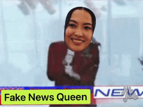 fake news queen displayed on tv with fake fake news image above