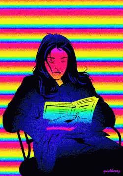 a woman reading a book in front of an unusual image