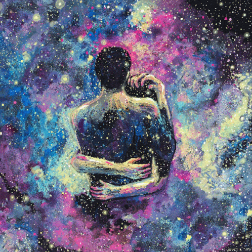 a painting of a couple hugging in space