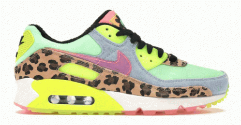a green and blue sneakers with leopard prints