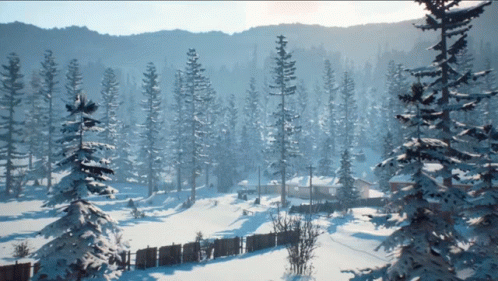 a painting shows pine trees covered with snow