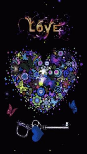 a heart key with lots of colorful flowers and erflies on a black background