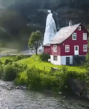 a painting shows a house surrounded by water