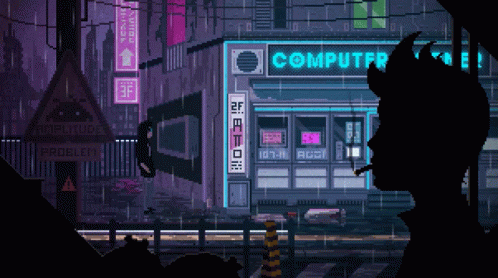 a man staring at a computer shop in a video game