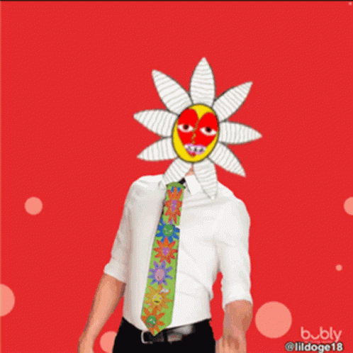 a drawing of a man wearing a tie with an evil sunflower on his head