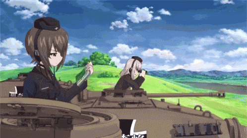 some anime characters in front of a tank