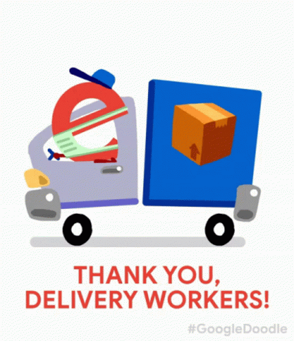 an e - mail delivery truck is giving out thank you, delivery workers