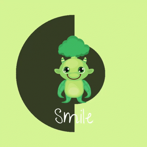 the image shows an green little alien with a smile