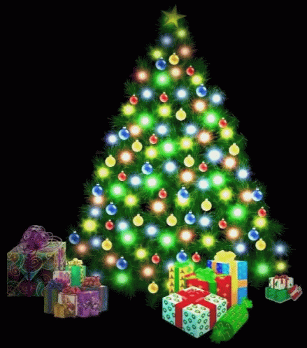 an image of a decorated christmas tree surrounded by presents