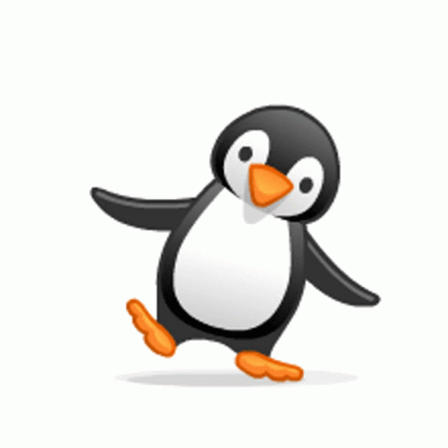 a cartoon penguin running with his foot down