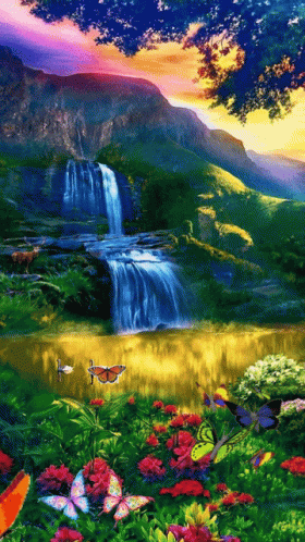 beautiful flowers and erflies surround a waterfall