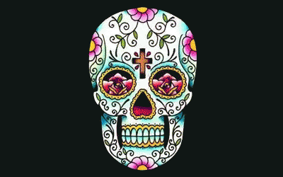 a white skull with blue eyes and purple flowers