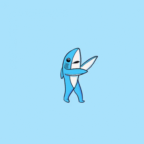 a little cartoon shark holding a surfboard with its teeth