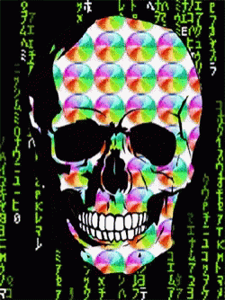 a computer screen that has a skull with colorful bubbles in the background