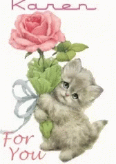 a greeting card for someone's birthday with a cat holding up a rose