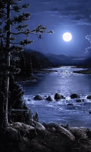 a painting of a lake at night with a full moon