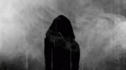 a hooded figure is in the middle of fog