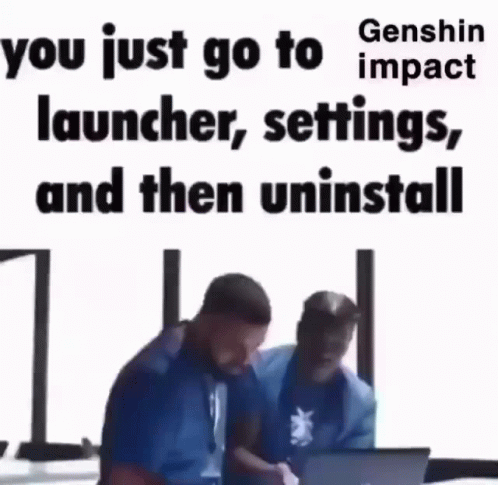 two men are holding a laptop outside and the text, you just go to impact launch, settings, and then uninstall