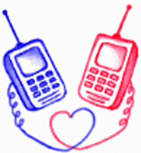 the two color drawing of two old cell phones have hearts on them