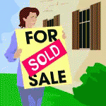 a woman holding a sign with the words for sale in front of her