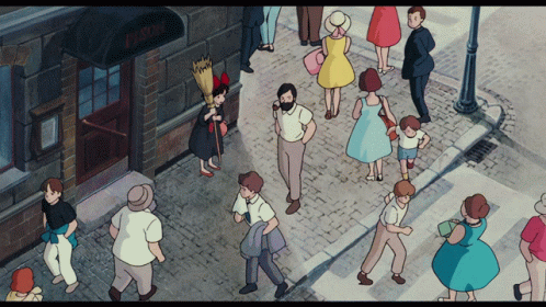 an animation shows people walking on a crowded street