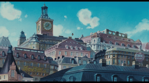 a painting of the city with clocks displayed in it