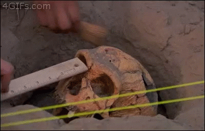 an open skull in a stone pit with green beams