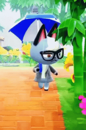 a cartoon cat with an umbrella, walking near a small tree