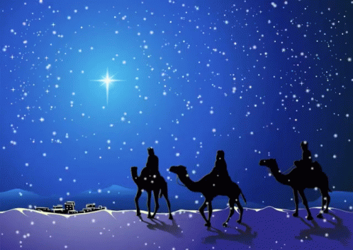 a star is shining in the night sky over three men riding on camels