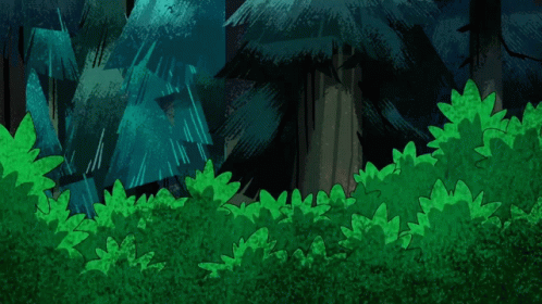 a cartoon scene with a tall, green grass covered forest