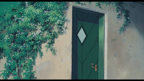 a painting of an exterior door with ivy on the wall