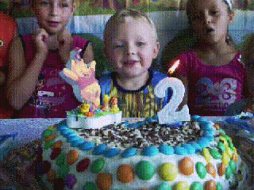 a cake with two birthday candles is displayed in front of five s