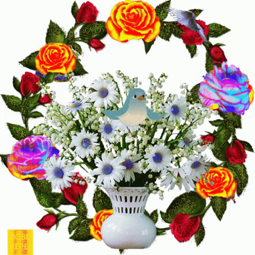 a bouquet of daisies and a bird sit in a floral arrangement